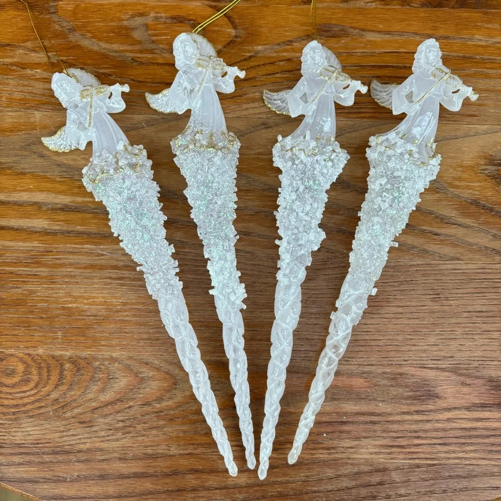Angel Icicle Ornaments 11” In Length plastic Glass look Set of 4